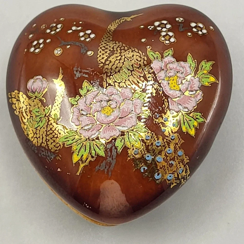 Heart Trinket Box Miniature Peacock Peony Floral Ceramic Brown Shelf Decor